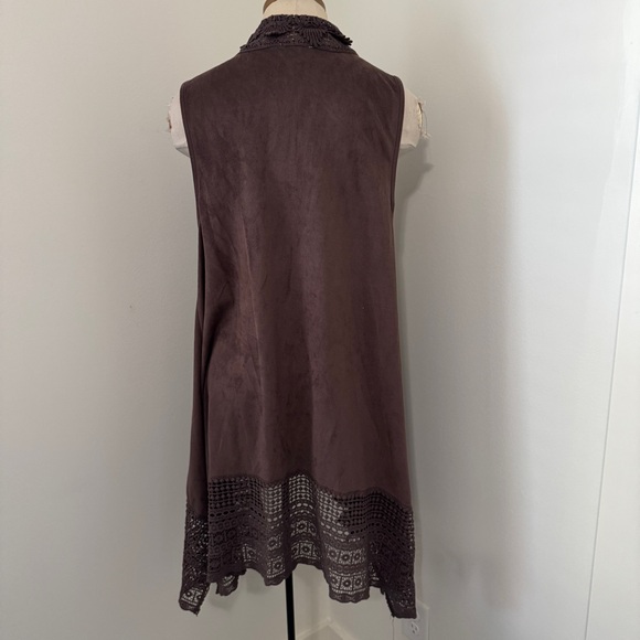 Umgee Large Brown Suede Lace Trim Duster Vest Kimono Cardigan Top ~ Boho Hippie - Picture 3 of 9